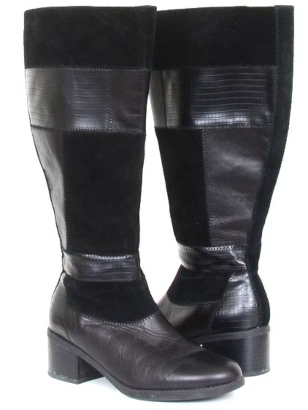 Clarks Women's 7 Nevella Nova Black Leather Patchwork Knee High Boots Preppy
